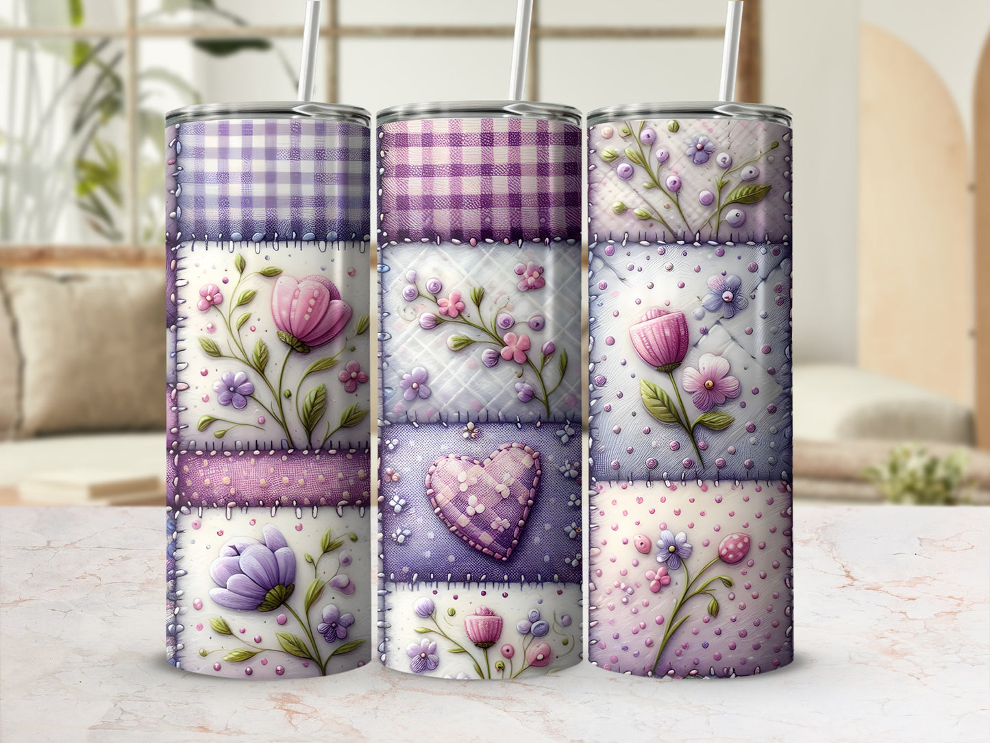 Quilted floral pattern tumbler with lavender and pink accents.