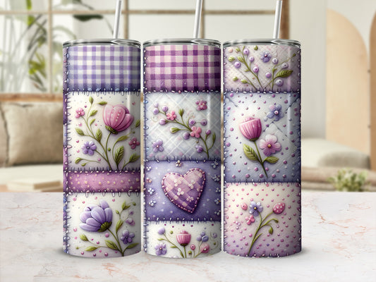 Quilted floral pattern tumbler with lavender and pink accents.