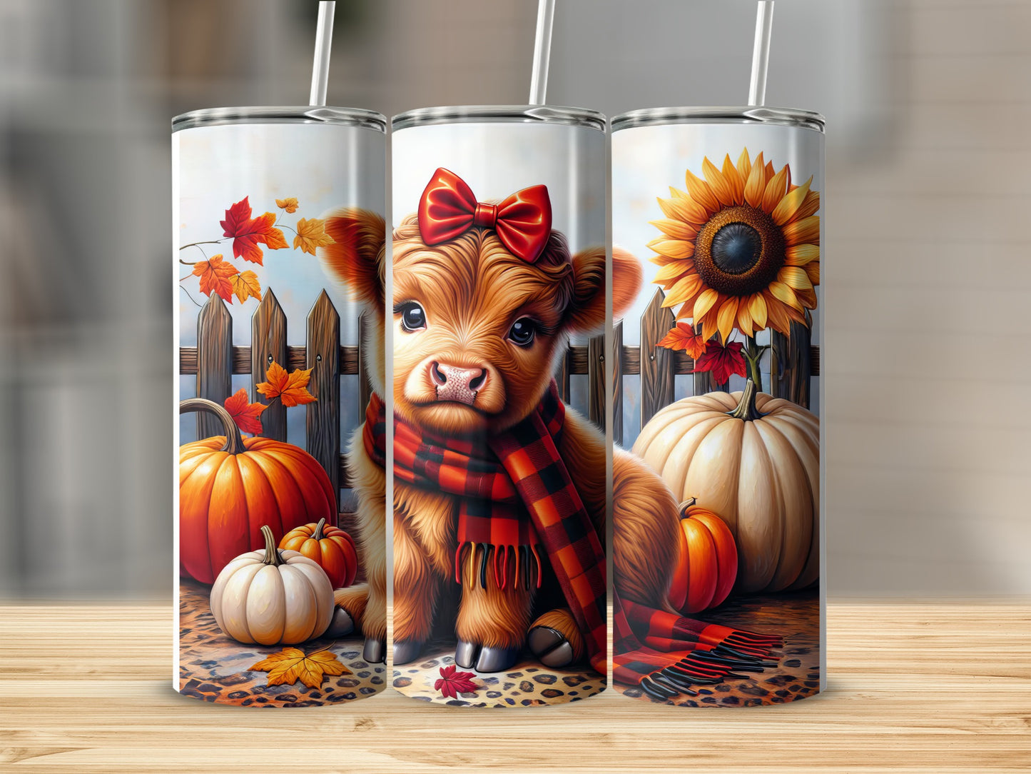 Cow with pumpkin and sunflower on wooden table.