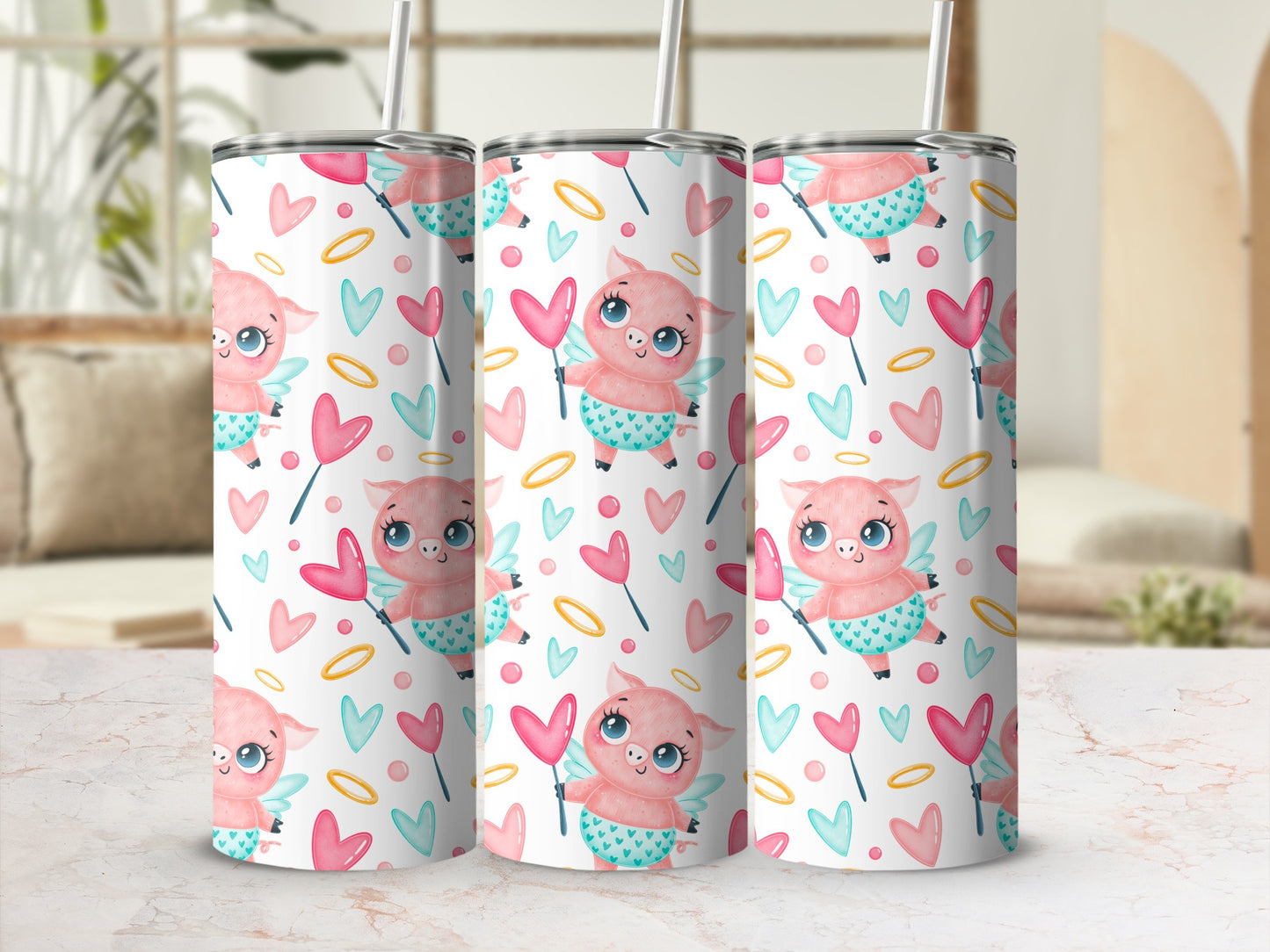 Adorable Pink Piggy Design on White Tumbler