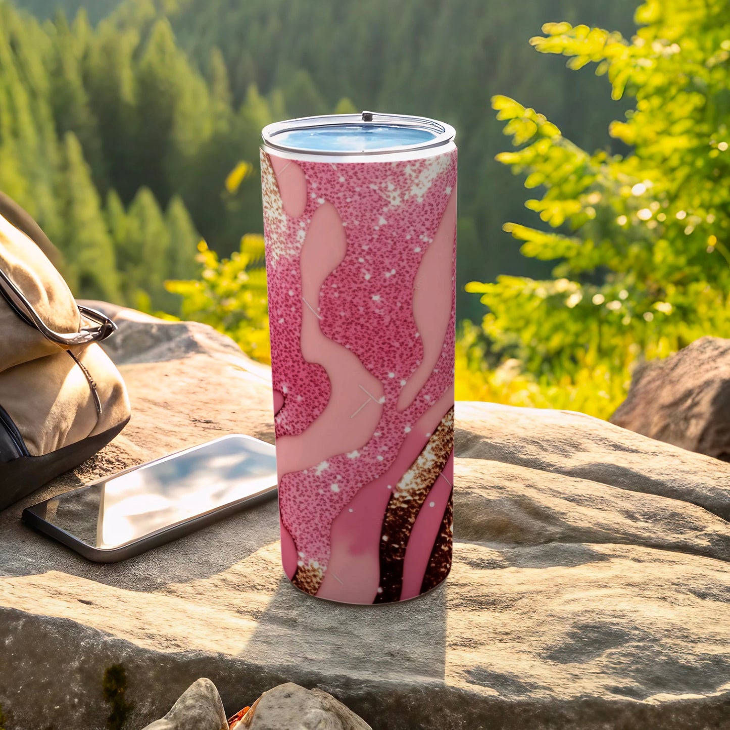 Pink and White Marbled Design Travel Tumbler Product