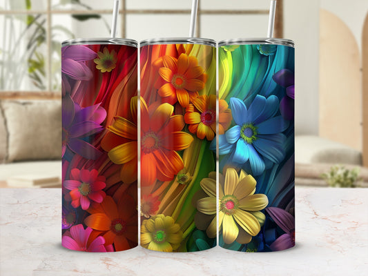 Three tumblers with vibrant rainbow floral designs.