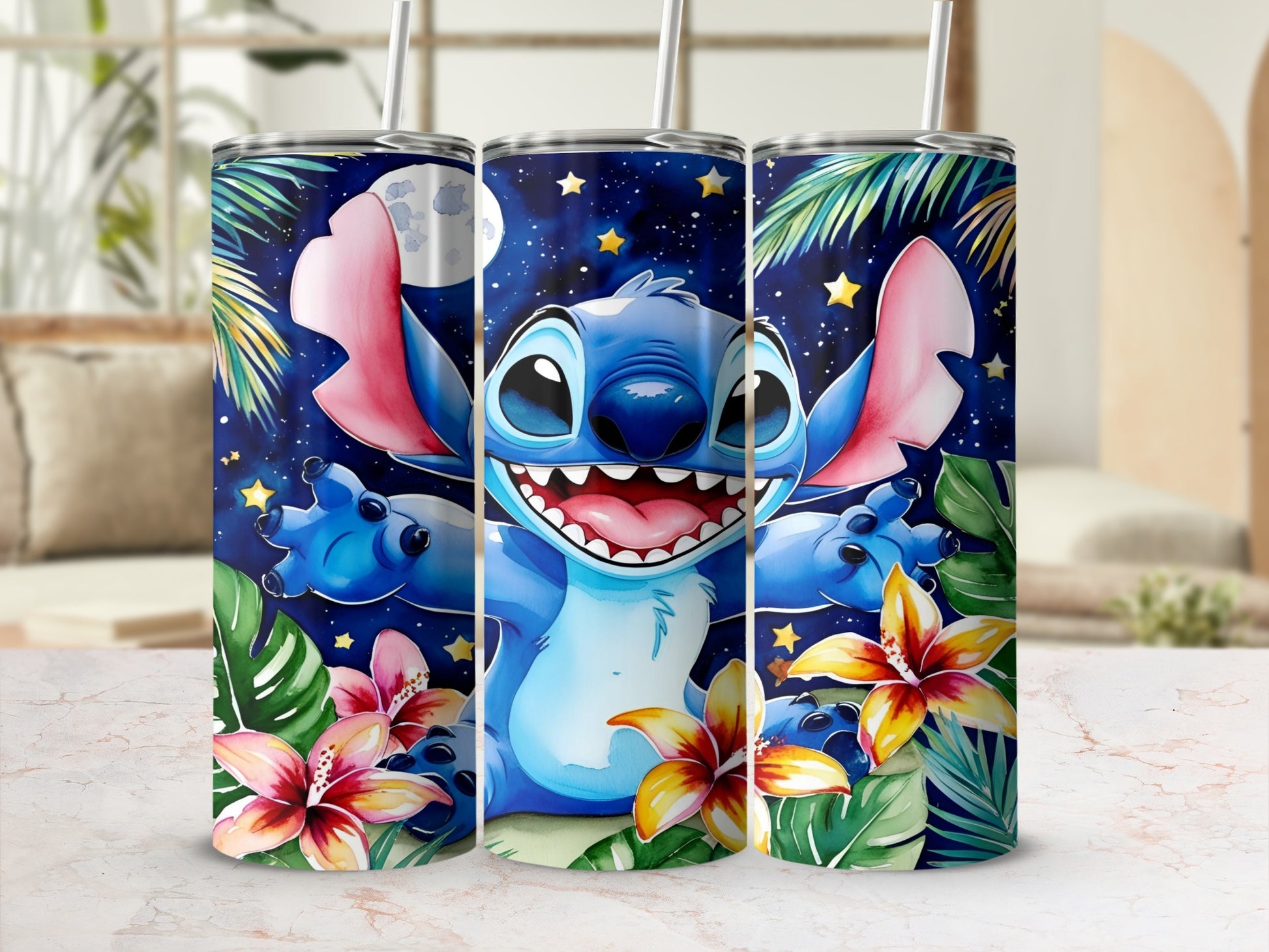 Stitch from Lilo & Stitch with tropical flowers and moon.