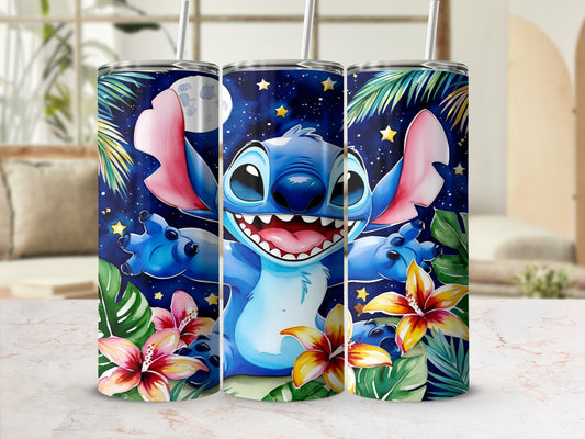 Stitch from Lilo & Stitch with tropical flowers and moon.