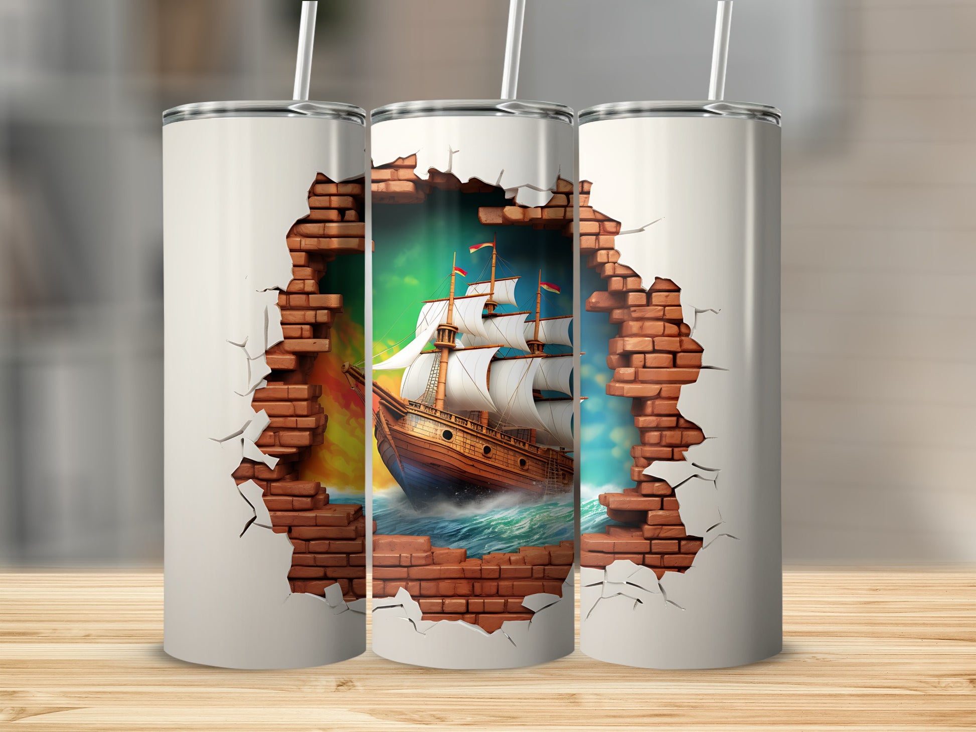 Sailing Ship Through Brick Wall Design Tumbler