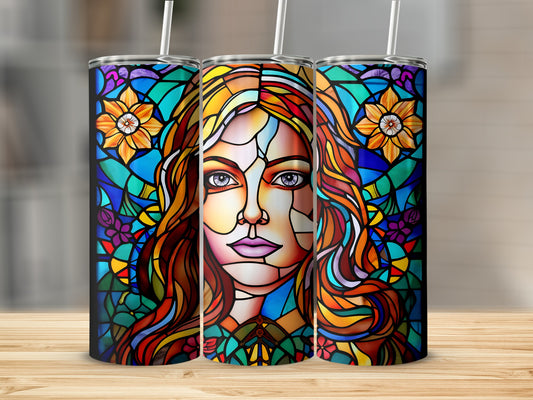 Three tumblers with stained glass portrait of a woman with colorful hair.