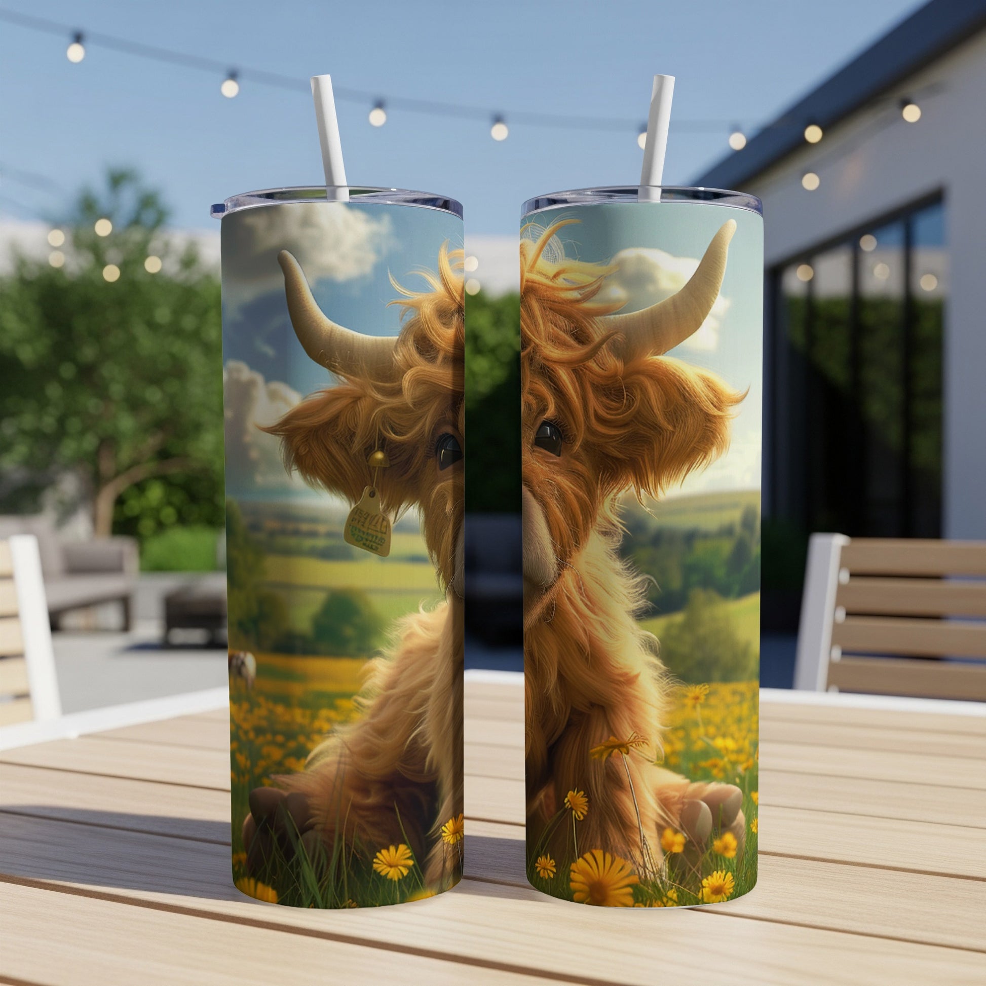 Fluffy Highland cow illustration on two tumblers in a sunny meadow.