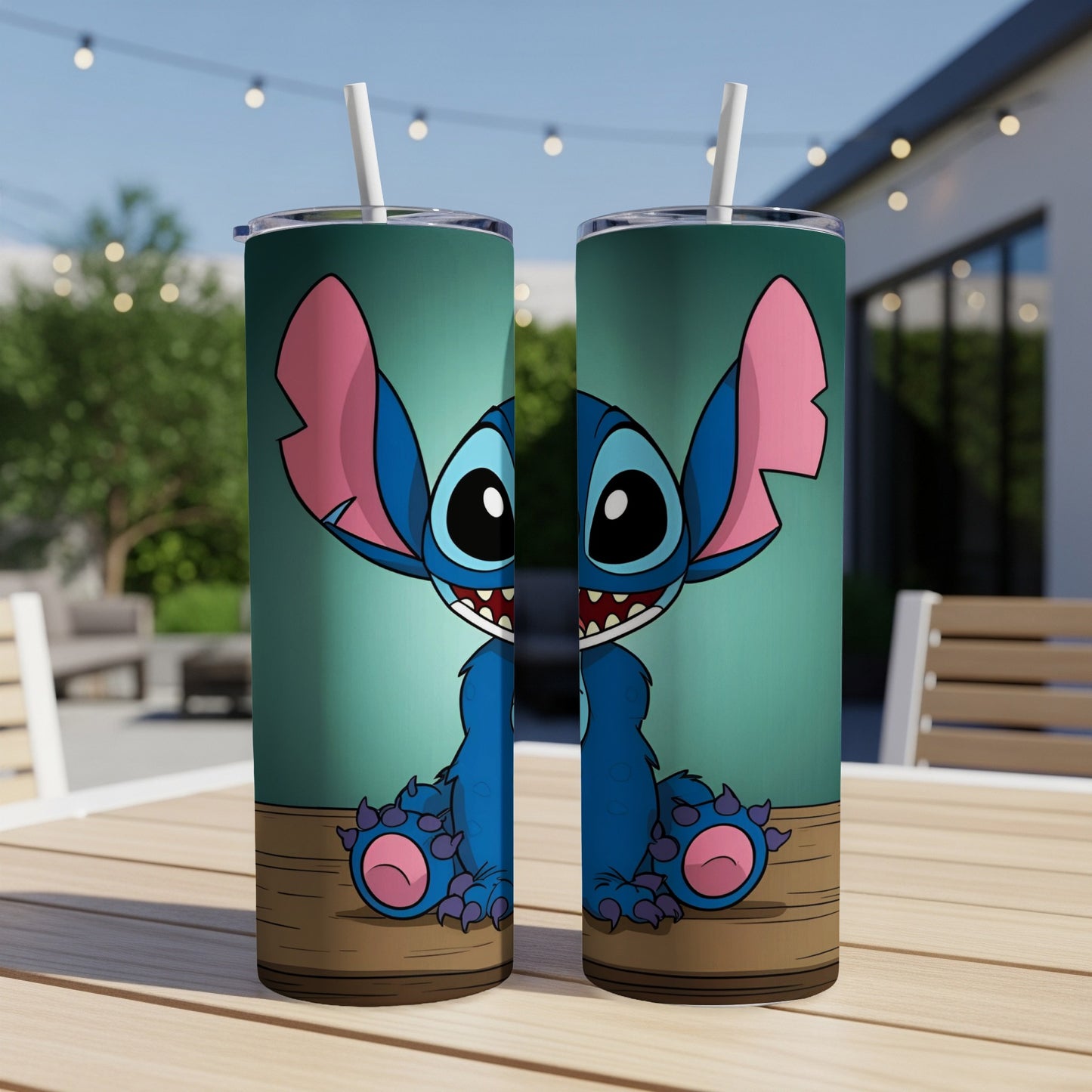 Blue Stitch character illustration on two matching tumblers.