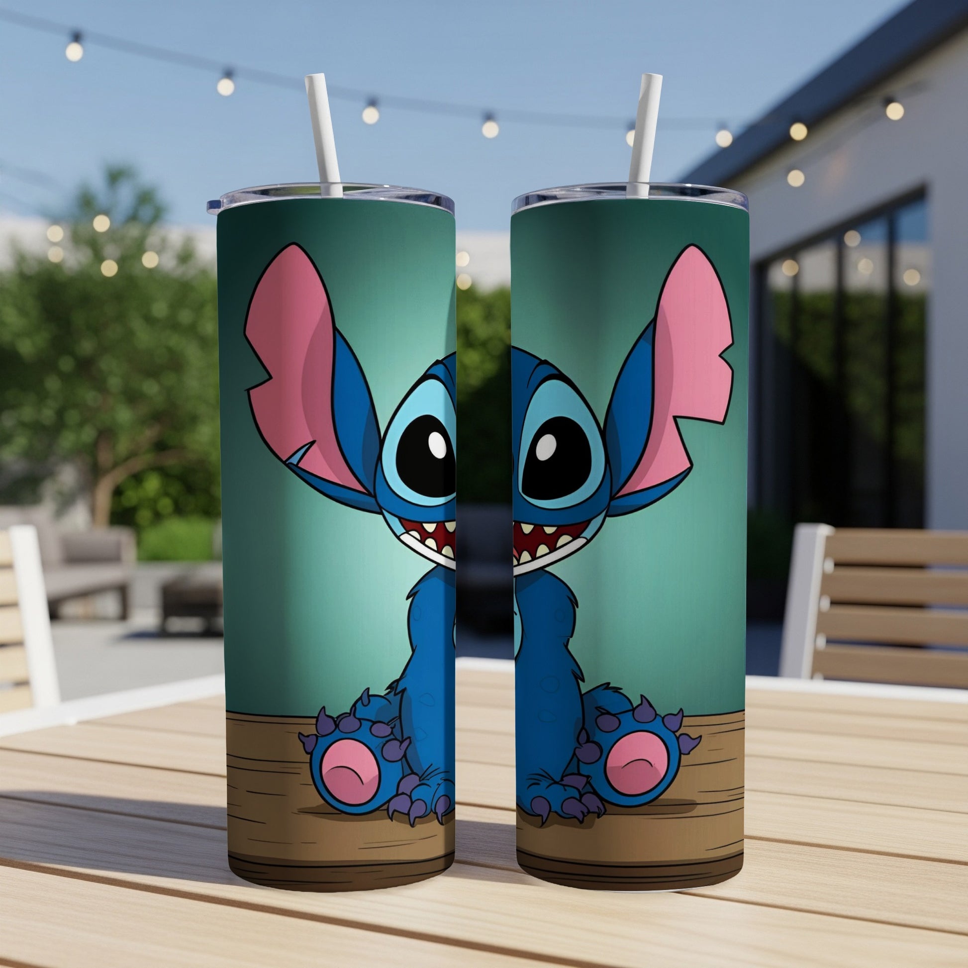 Blue Stitch character illustration on two matching tumblers.