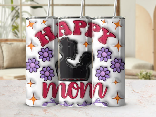 Tumbler with "Happy Mom" text and silhouette of mother and child.