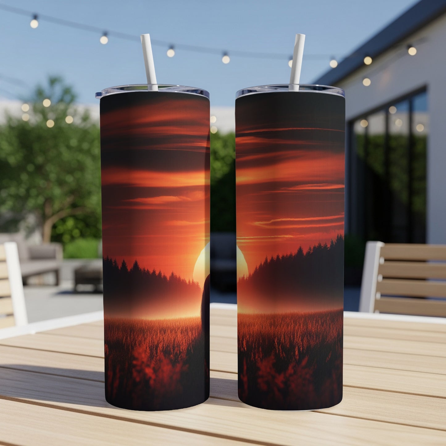 Two tumblers with a sunset forest landscape design on an outdoor table.