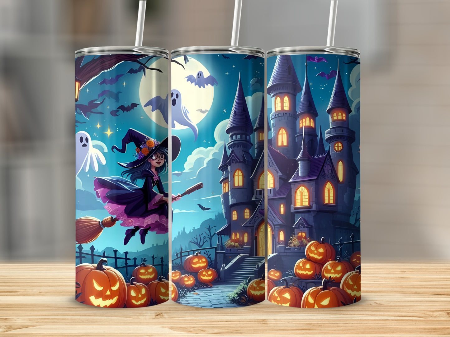 Halloween tumbler with witch, castle, ghosts, bats, and pumpkins on a dark blue background.
