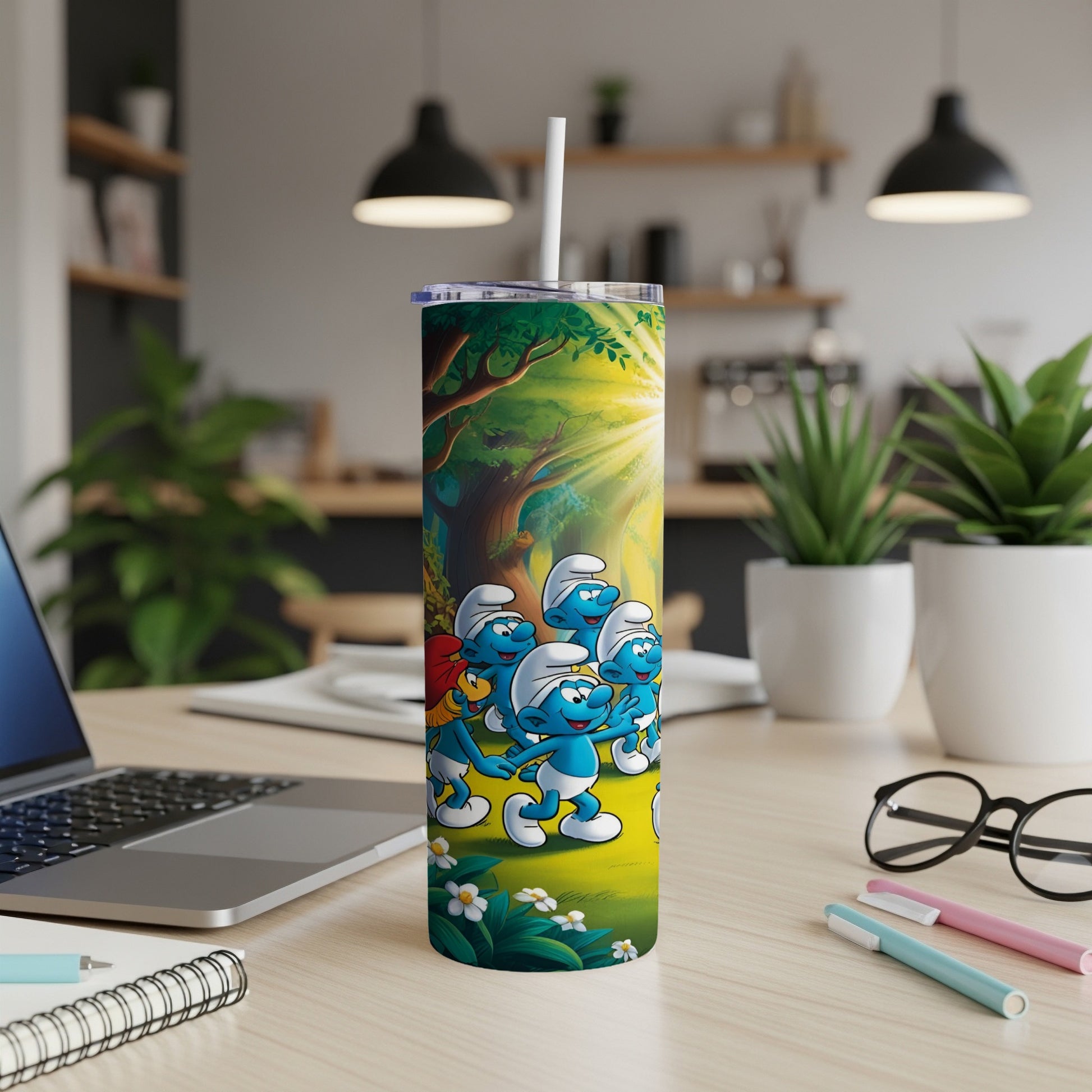 Smurfs walking in a sunny forest with flowers.