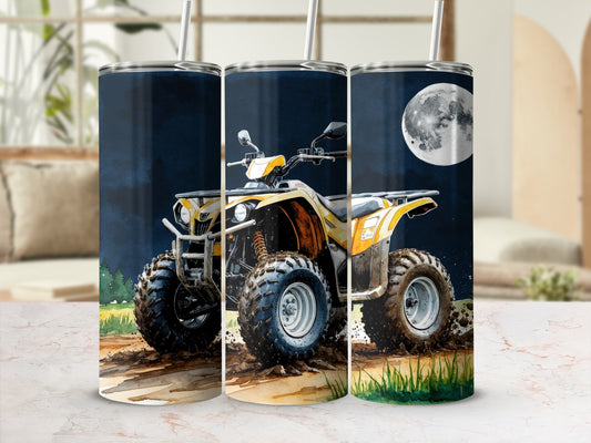 Yellow ATV on dirt trail with moon in dark sky.