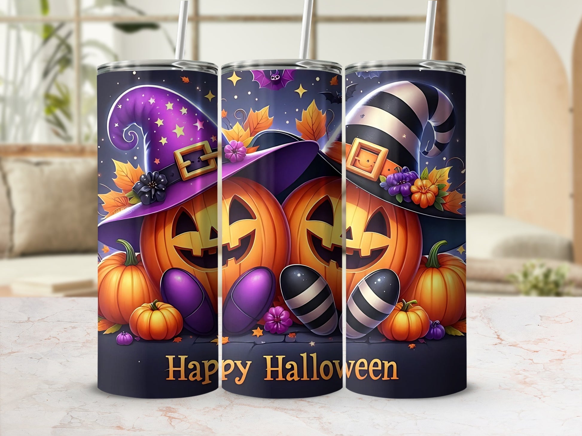 Three Halloween-themed tumblers with pumpkins wearing witch hats, text "Happy Halloween".
