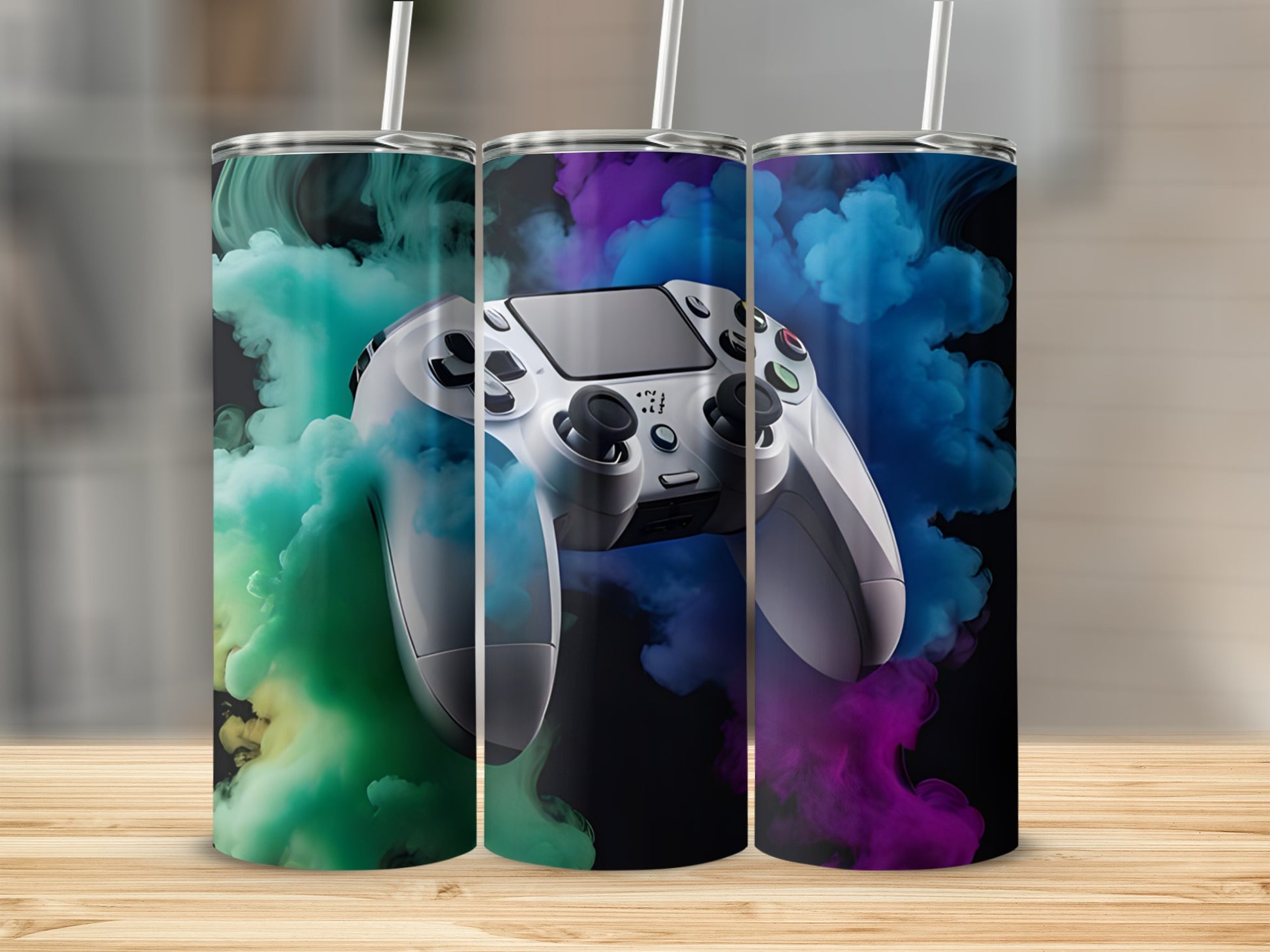 White game controller with colorful smoke on three tumblers.