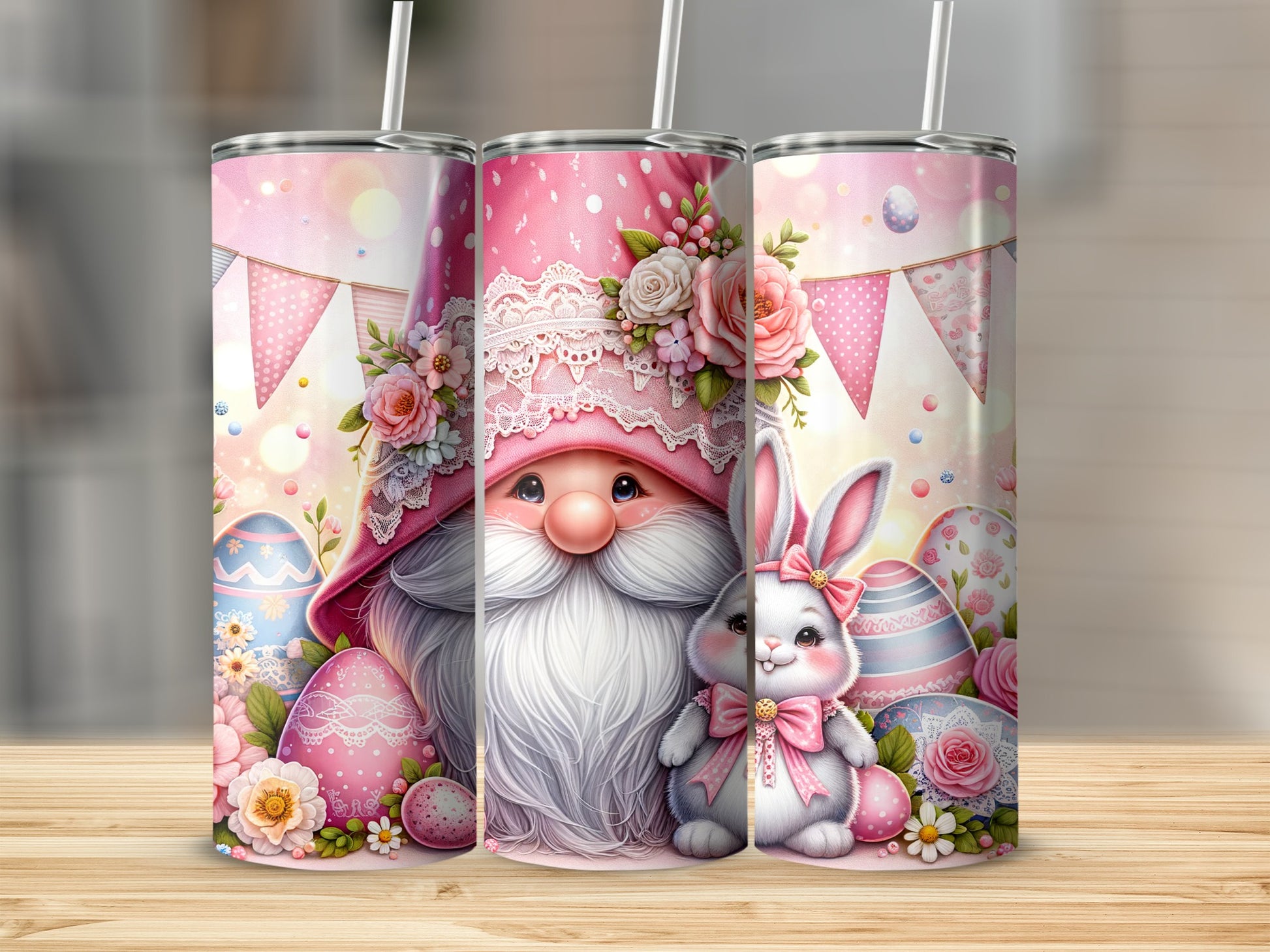 Pink gnome with bunny, Easter eggs, and floral decorations on a tumbler.