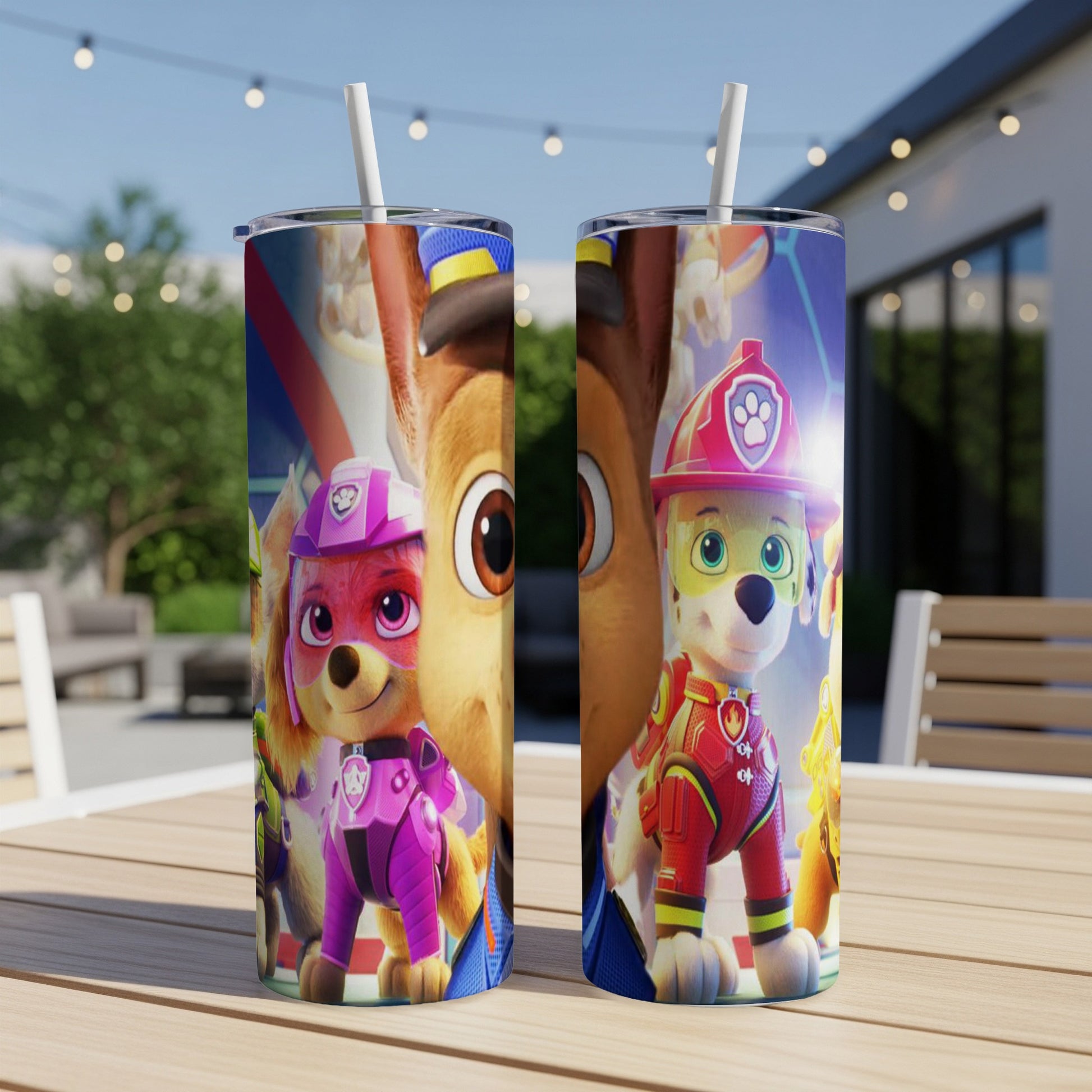 Paw Patrol Skye and Chase characters on a blue and yellow patterned tumbler.