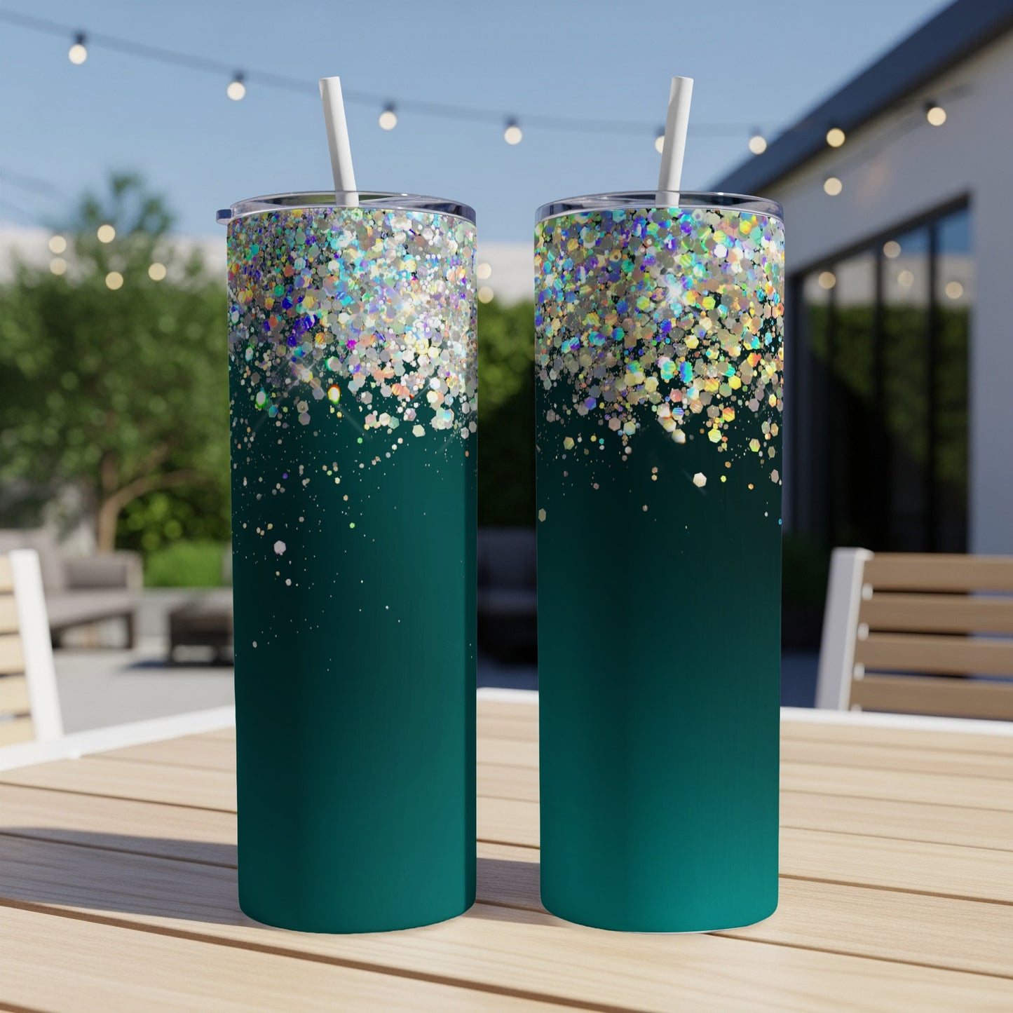 Two teal tumblers with glitter gradient design and white straws displayed outdoors on a table.