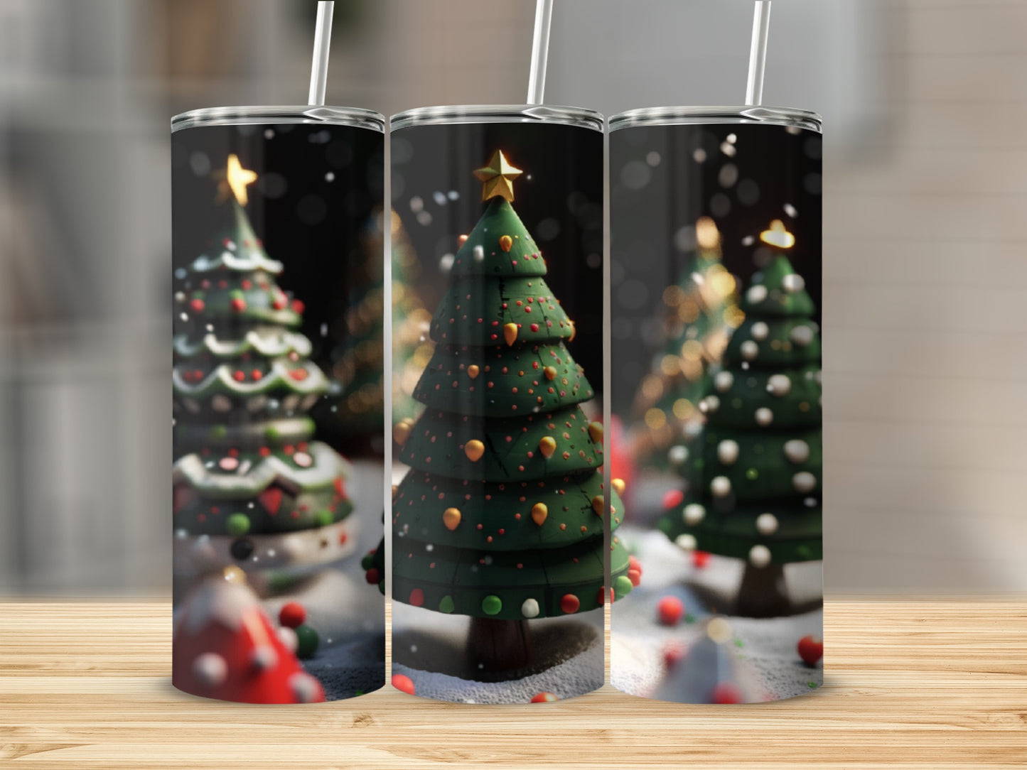 Three festive Christmas trees with ornaments and lights on a snowy surface.