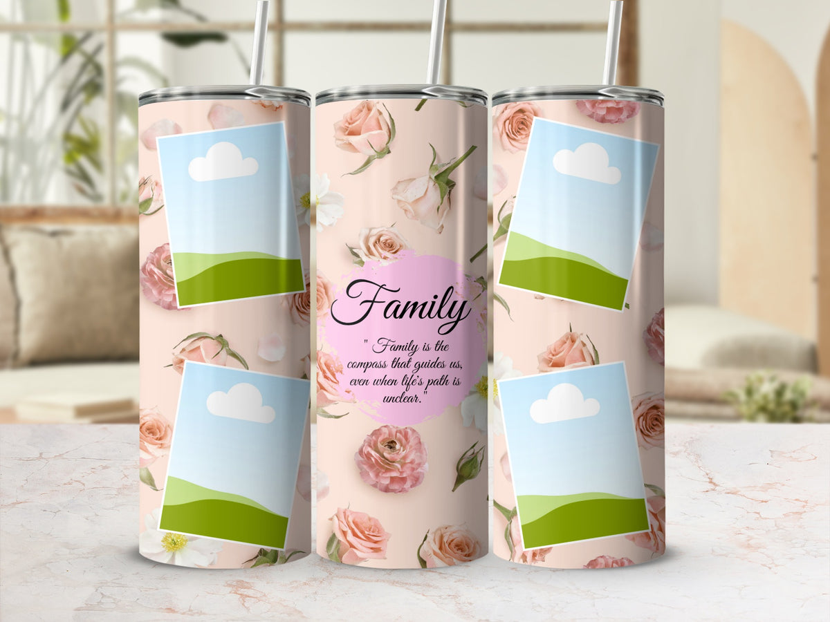 Floral tumbler with "Family" quote and placeholder photo frames.