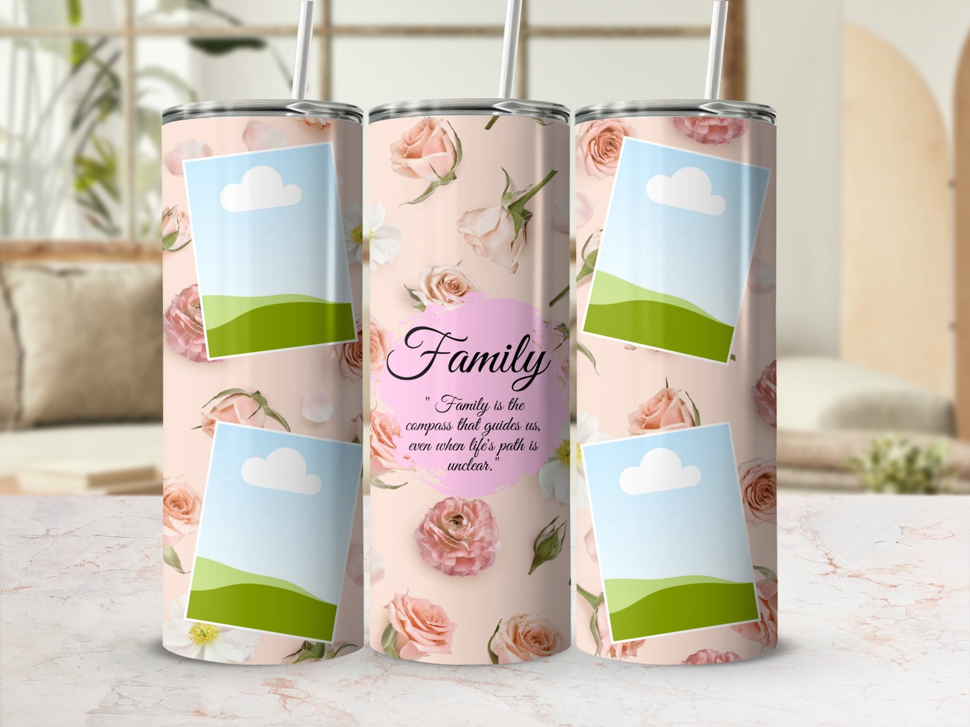Floral tumbler with "Family" quote and placeholder photo frames.