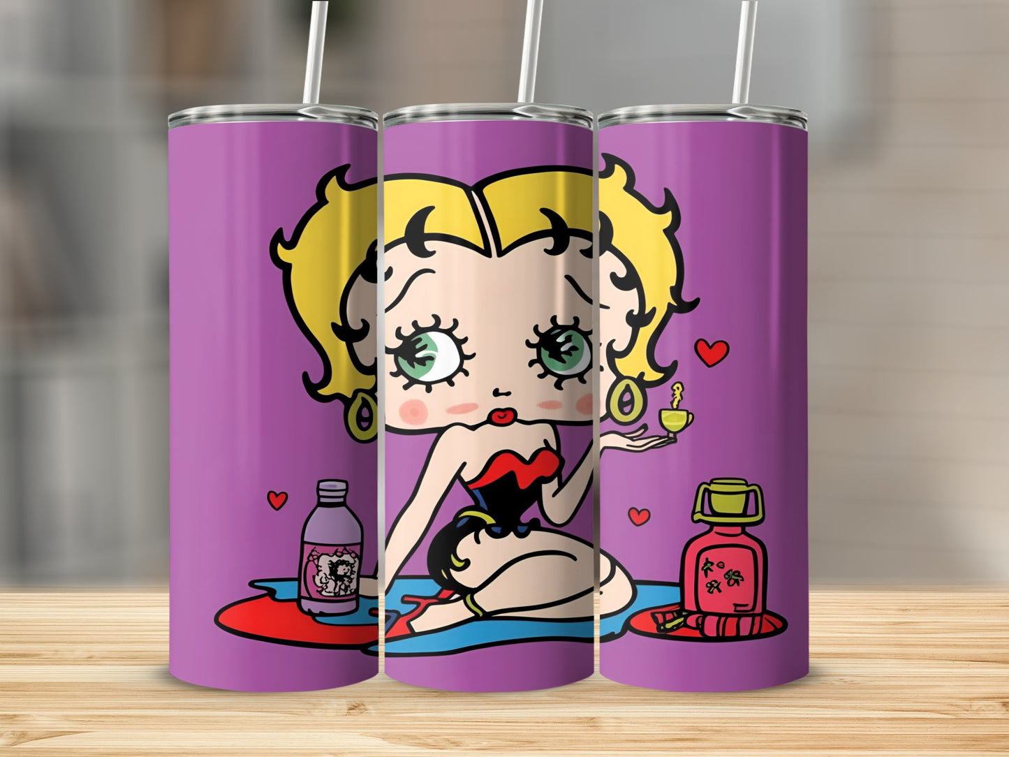 Betty Boop holding a cup and saucer with hearts on a purple background.