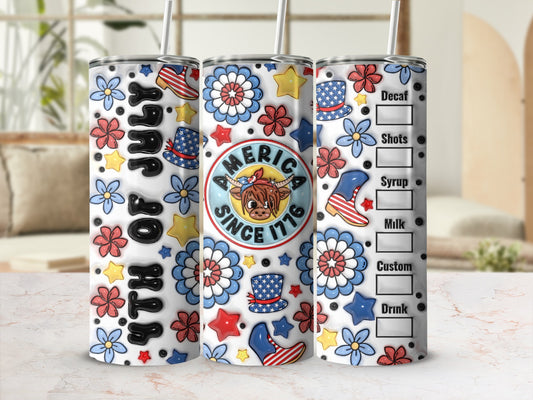 USA themed tumbler with patriotic stars, flowers, and a "Decaf" coffee menu.