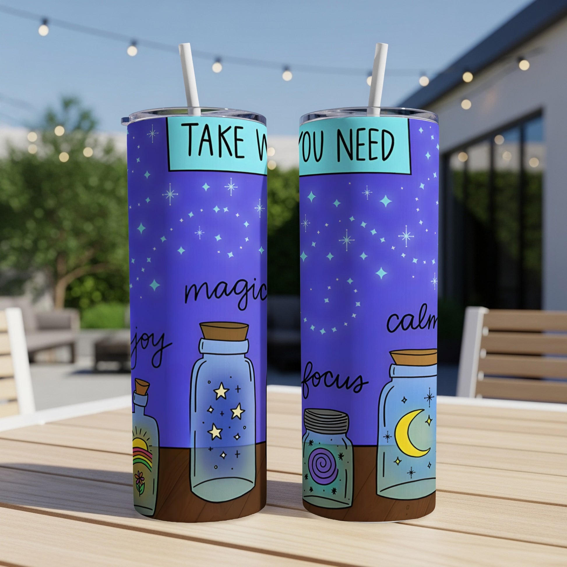 Two tumblers with "Take what you need" text and jar designs.