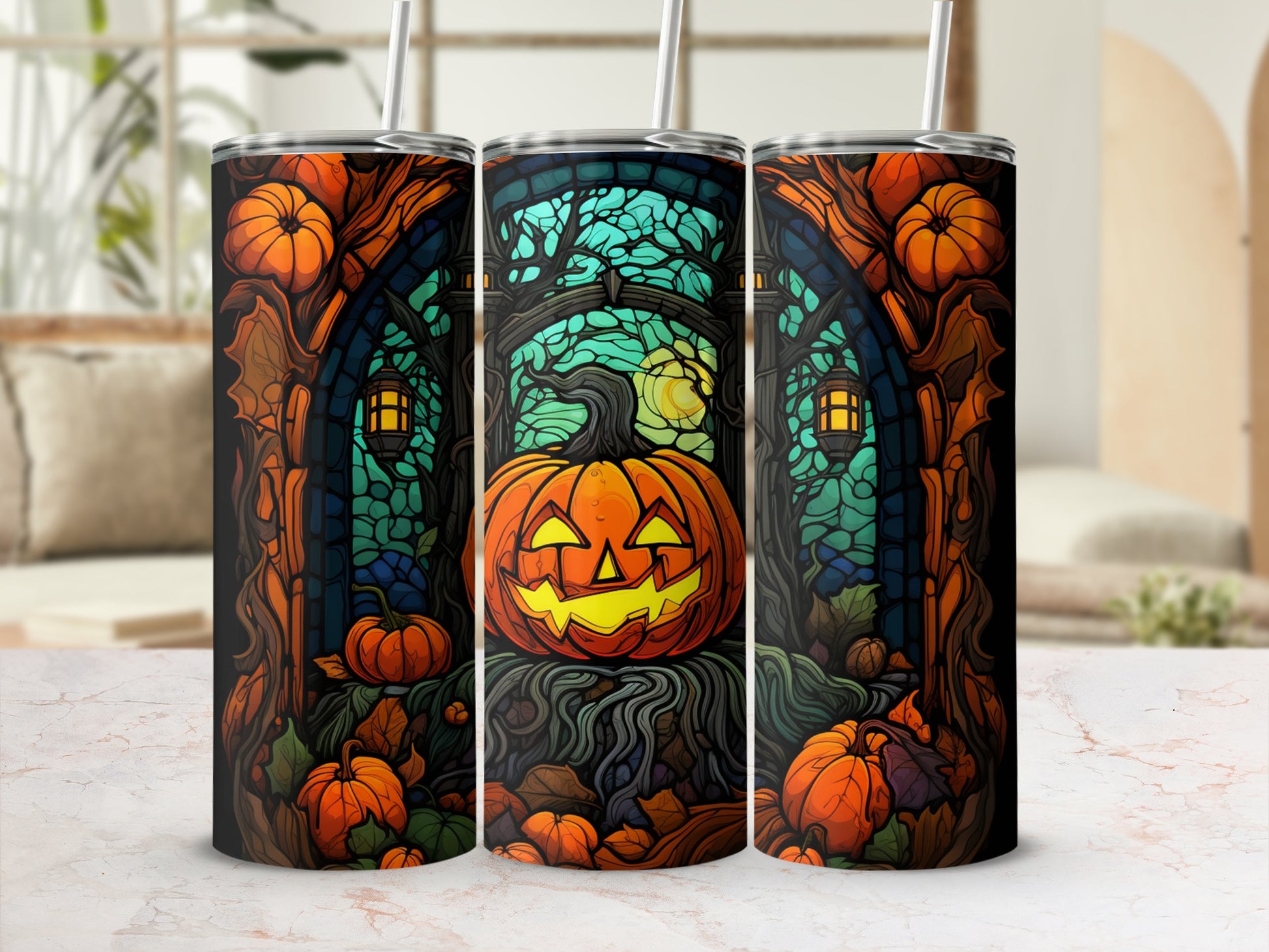 Halloween pumpkin illustration on three tumblers with a spooky forest background.
