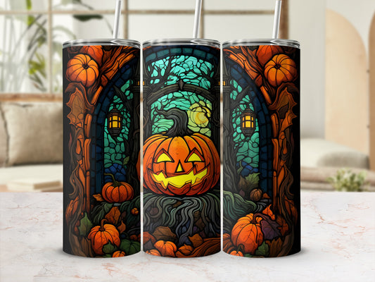 Halloween pumpkin illustration on three tumblers with a spooky forest background.