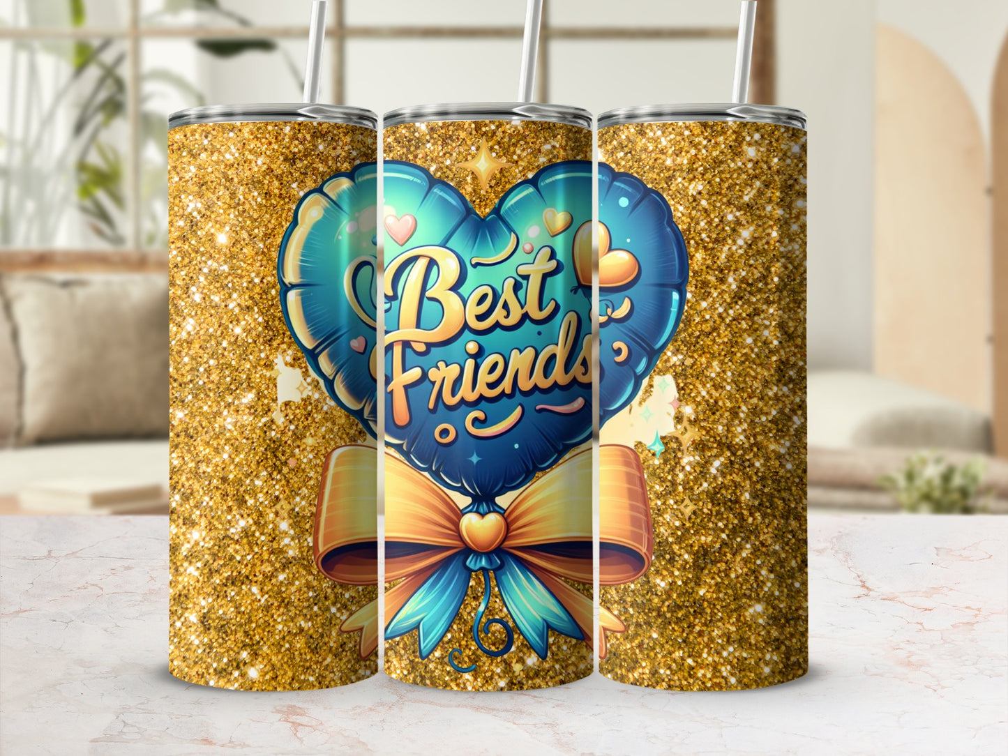 Best Friends Blue Balloon Gold Glitter Tumbler