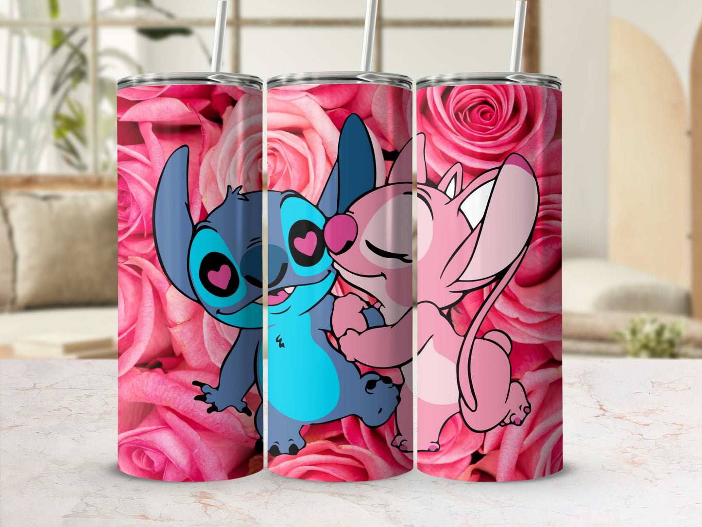 Cute Pink and Blue Couple with Heart Eyes Tumbler