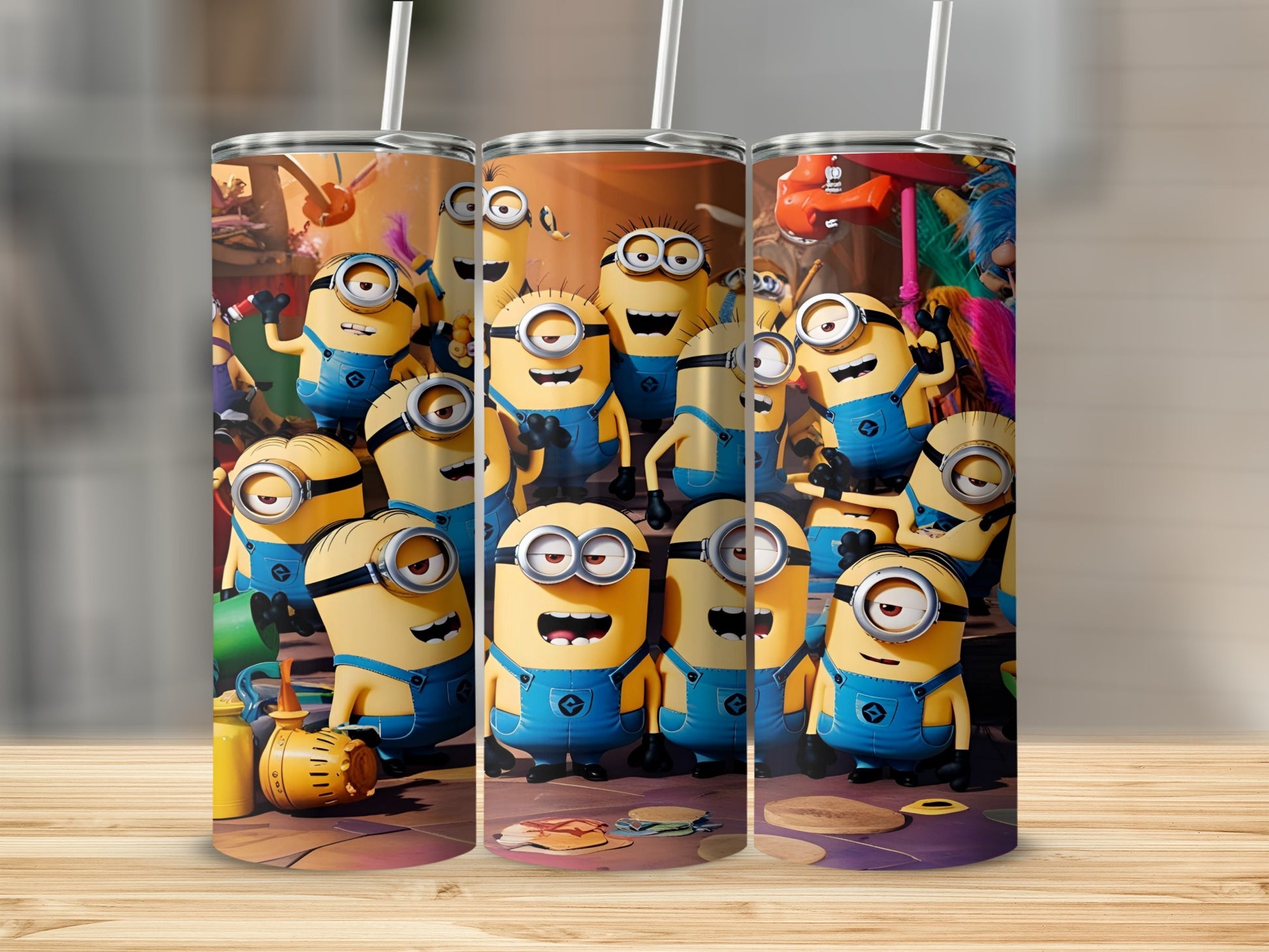 Minions characters wearing blue overalls and yellow goggles.