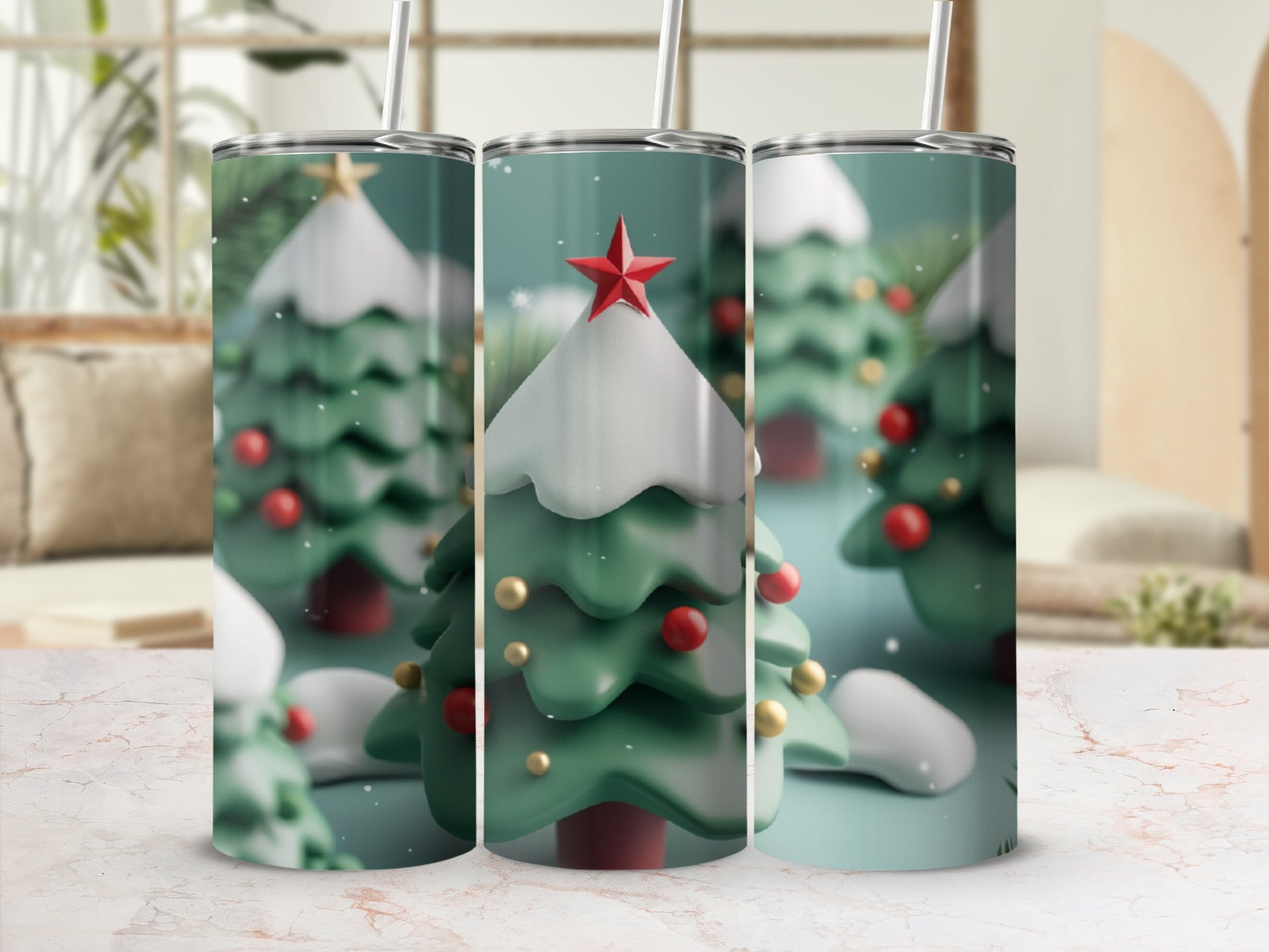 Three tumblers featuring a winter Christmas tree design with red ornaments.