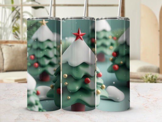 Three tumblers featuring a winter Christmas tree design with red ornaments.
