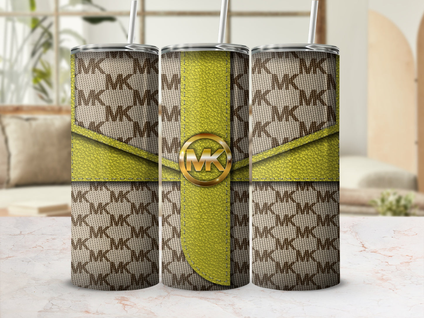 Stylish MK Pattern Green Accent Insulated Tumbler Set