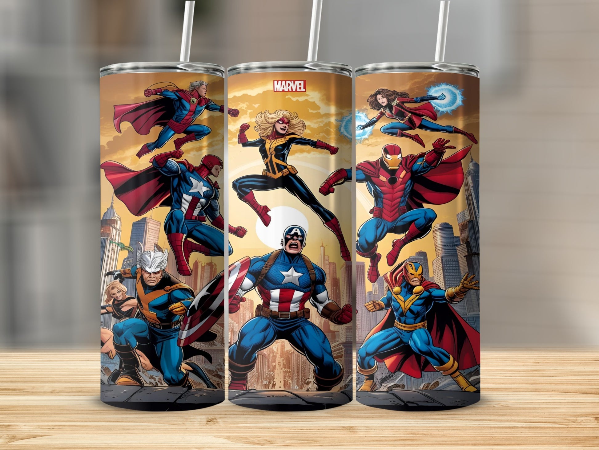 Marvel superheroes Captain America, Iron Man, Captain Marvel, and Thor in action on city background.