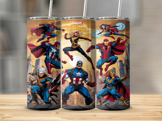 Marvel superheroes Captain America, Iron Man, Captain Marvel, and Thor in action on city background.