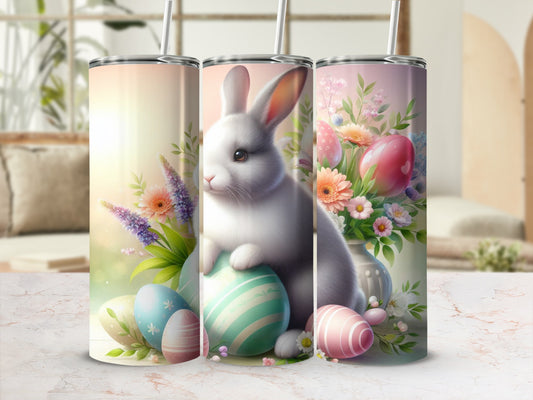 Easter bunny and painted eggs with flowers.