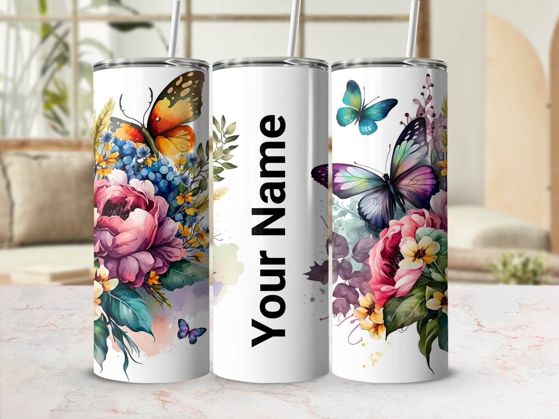 Custom Butterfly and Floral Design Personalized Tumbler
