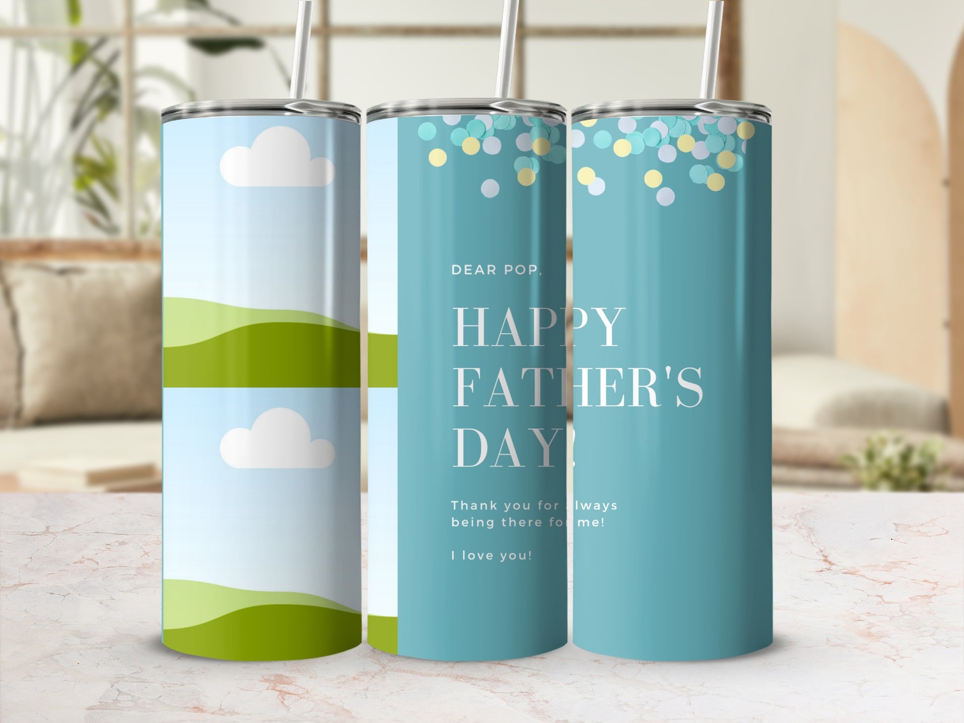 Tumbler with "Happy Father's Day" text and a sky and hills design.