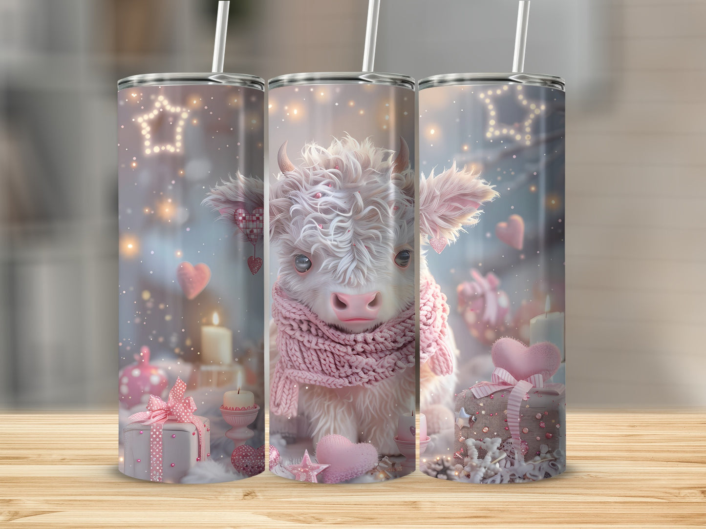 Fluffy highland cow wearing pink scarf, surrounded by hearts and gifts.