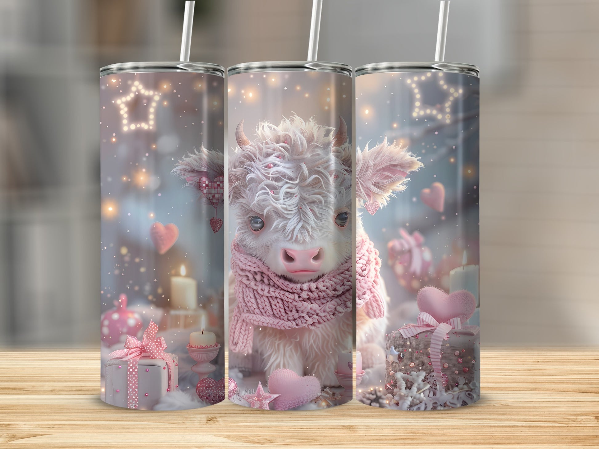 Fluffy highland cow wearing pink scarf, surrounded by hearts and gifts.