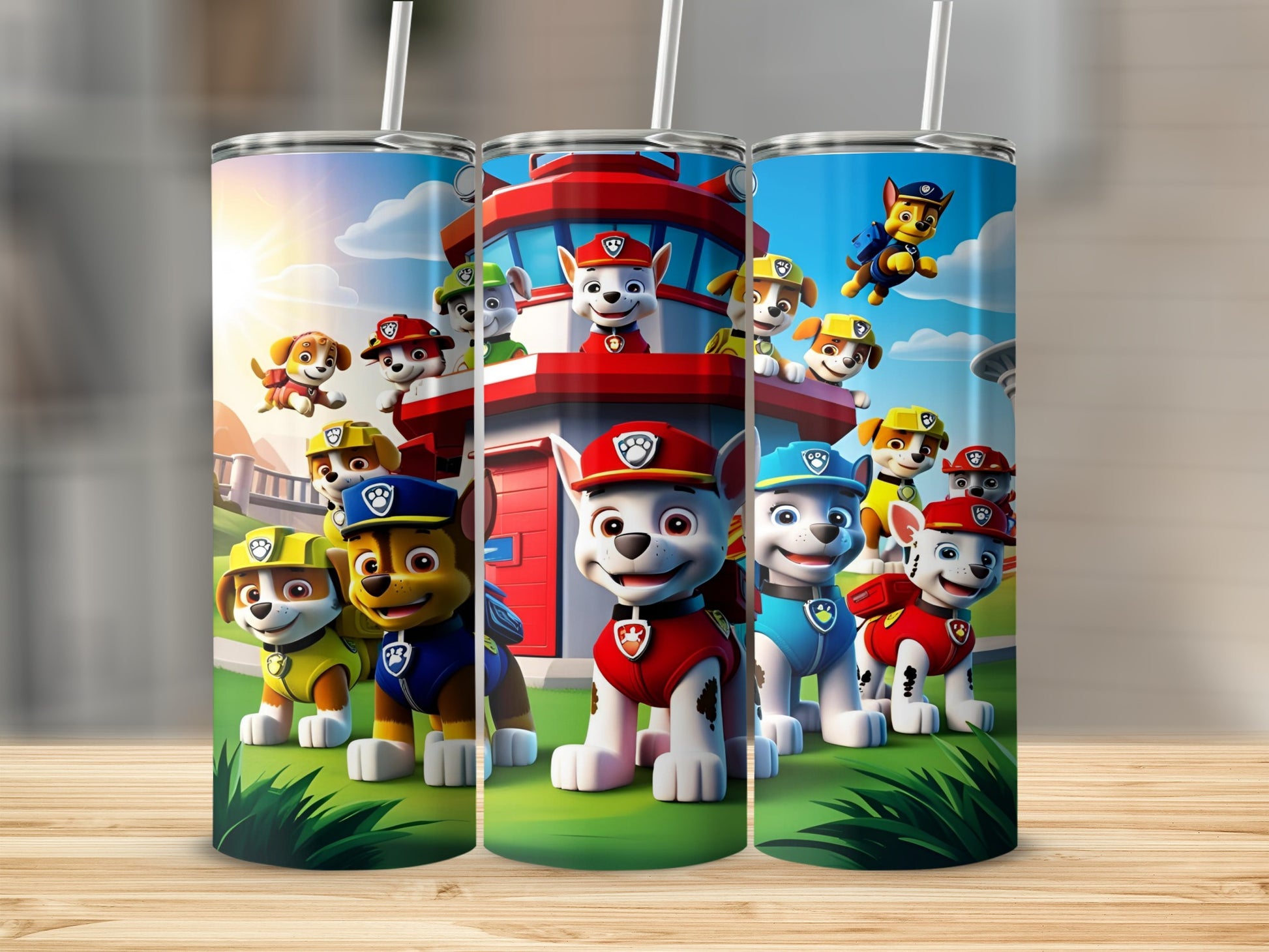 Paw Patrol characters Chase, Marshall, and Skye with Lookout Tower.