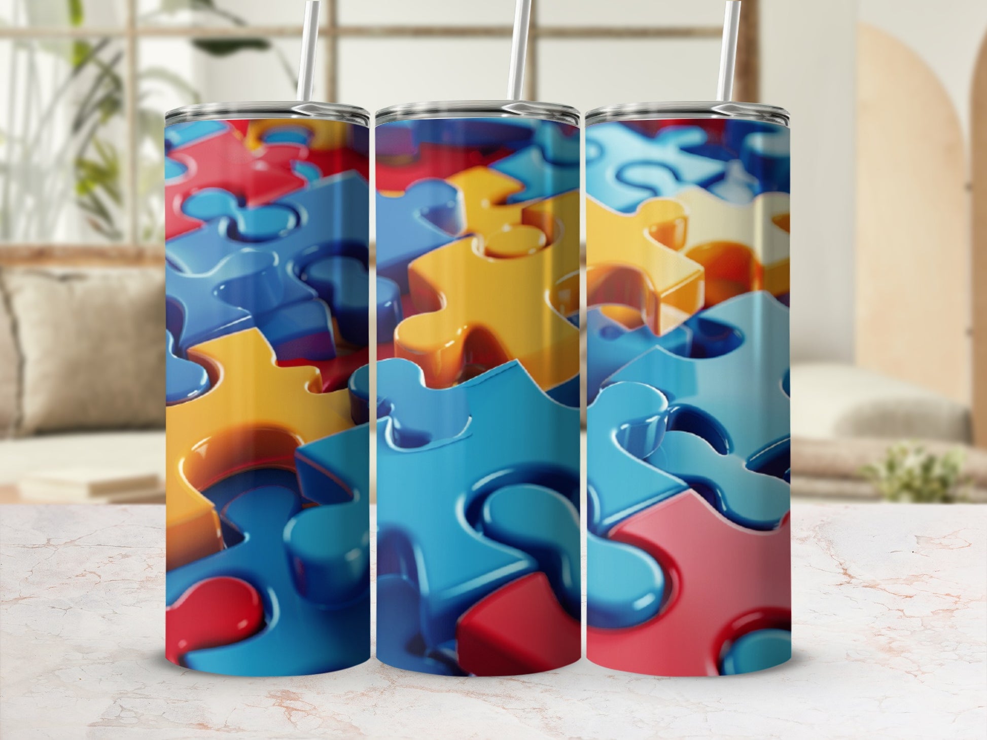 Three tumblers with colorful puzzle piece patterns and straws.