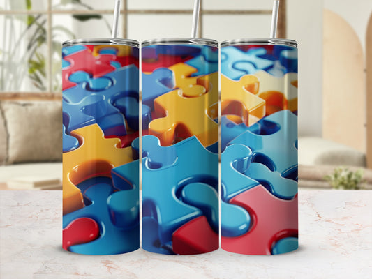 Three tumblers with colorful puzzle piece patterns and straws.