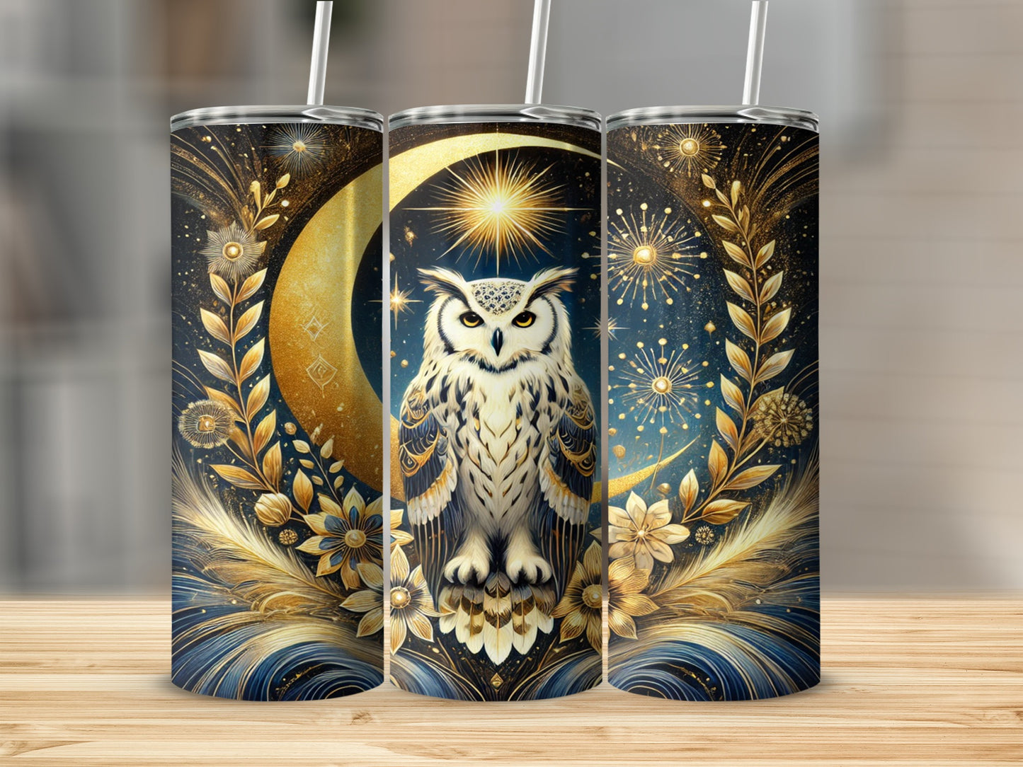Mystical Owl with Gold Floral Decor Tumbler