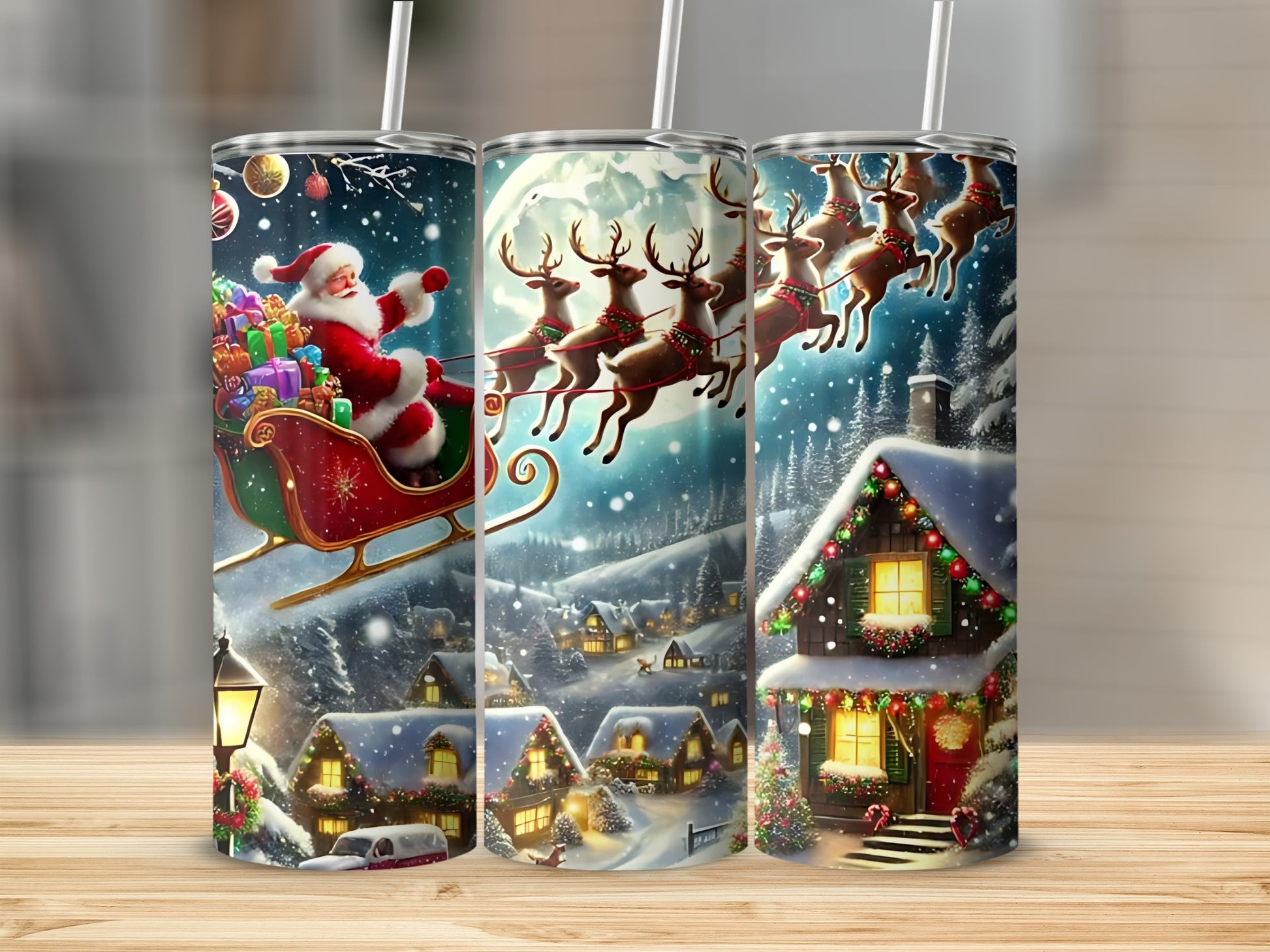 Festive Santa and Reindeer Design Christmas Tumbler