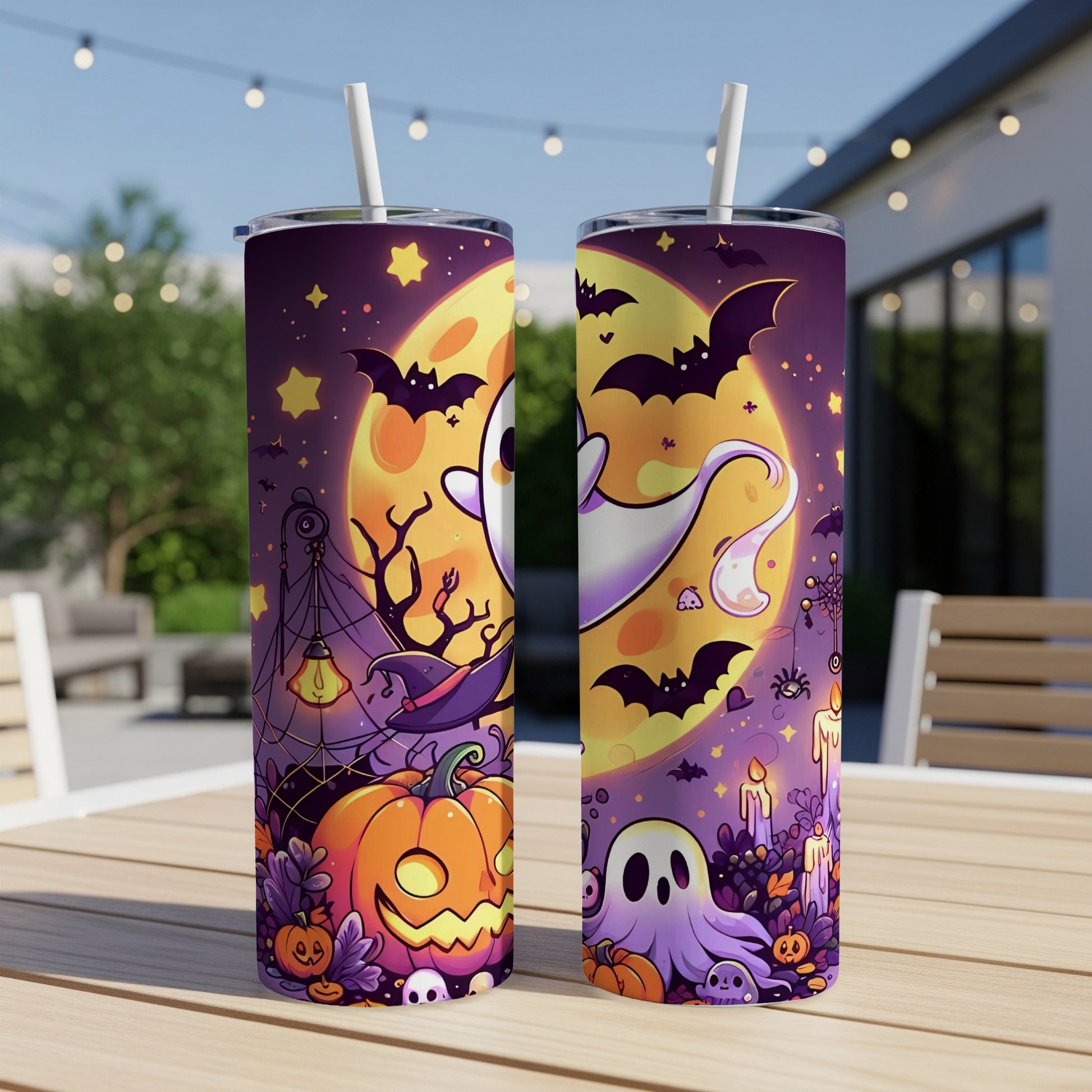 Two tumblers with Halloween theme, featuring ghosts, bats, pumpkins, and candles.